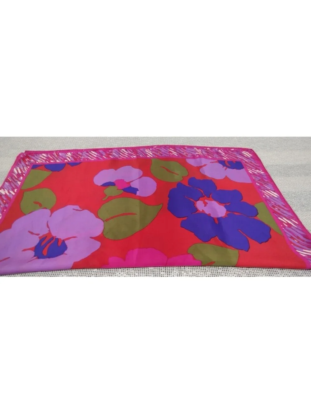 Vintage All Silk Fuchsia Scarf Cobalt Lavender Red Vibrant POP ART FLORAL BORDER